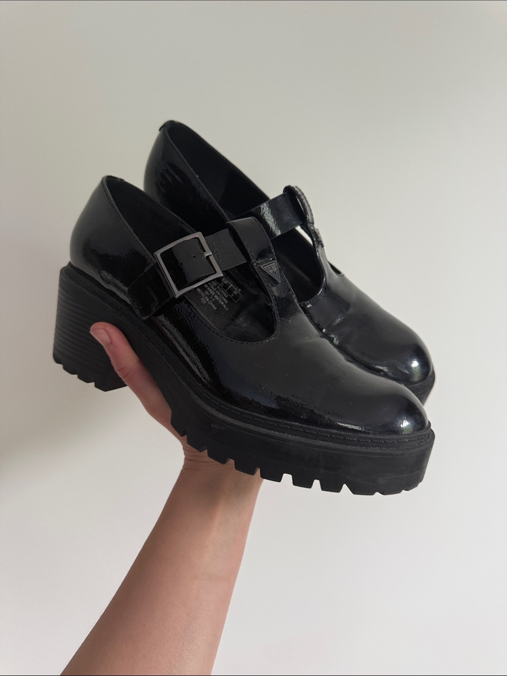 Guess Black Patent Mary Jane Chunky Heel Loafers